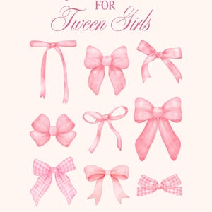 Pode incluir: Ilustração em aquarela com nove laços cor-de-rosa em vários estilos. A imagem inclui o texto "SOCIAL SKILLS FOR Tween Girls" e "CREATED BY A CERTIFIED ETIQUETTE EDUCATOR" em rosa sobre um fundo rosa claro.