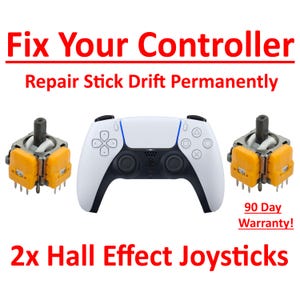 May include: A white games controller with black detailing and blue trim is in the center, with two orange and grey joystick modules. Text reads "Fix Your Controller" and "2x Hall Effect Joysticks".