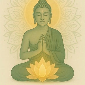 May include: A digital illustration of a seated Buddha figure in a green robe with hands in a prayer position, positioned above a yellow lotus flower. Behind the figure is a circular mandala pattern. The text ABUNDANCIA HECHO ESTÁ is below.