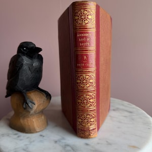 Antique 1832 Lockhart's Life of Sir Walter Scott Vol 9, Red Leather Gilt Spine Antique Book, Marbled Boards, Library Decor