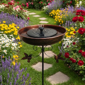 Vintage Bronze Bird Bath – Rustic Metal Garden Water Bowl, Hummingbird Decor