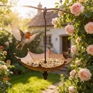 May include: A decorative, umbrella-shaped bird feeder made of bronze-colored metal, filled with birdseed. A robin with orange breast feathers flies towards the feeder, while another robin sits on the edge. The feeder hangs from a tree branch in a garden setting.