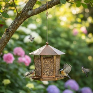 Puede incluir: Un comedero para pájaros hexagonal de color bronce con un techo puntiagudo cuelga de una rama de árbol. El comedero está lleno de alpiste y rodeado de varios pájaros pequeños. El fondo presenta un exuberante jardín con flores rosas y moradas.