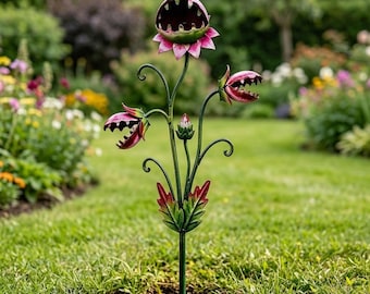 Estaca metálica 2D Venus atrapamoscas / Estaca de jardín carnívora / Escultura de flor monstruosa gótica / Regalo peculiar para amantes de las plantas