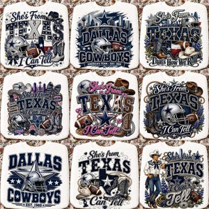 May include: A collection of nine white sweatshirts featuring various graphic designs related to the Dallas Cowboys and Texas themes. The prints include football helmets, cowboy boots, hats, footballs, and text such as She's From Texas I Can Tell.