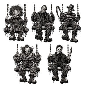 Puede incluir: Una ilustración gráfica en blanco y negro que muestra a cinco personajes de terror icónicos sentados en columpios de madera suspendidos por cadenas. Las figuras incluyen una muñeca, un asesino enmascarado, un personaje con garras, un payaso y un enmascarado con un cuchillo.