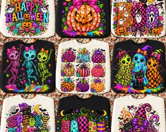 May include: A collection of nine sweatshirts featuring vibrant Halloween-themed graphics. Designs include pumpkins, ghosts, skeletons, and cats in bright neon colors, with text such as Happy Halloween, Boo, and Spooky Season printed on the fabric.