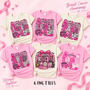 Puede incluir: Seis camisetas de manga corta en color crema y rosa con gráficos de concienciación sobre el cáncer de mama. Cada prenda muestra un título profesional como Librarian, Counselor, Para, SPED, Principal o Teacher, junto a lazos rosas y calabazas.