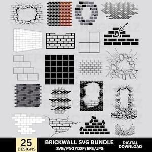 Könnte beinhalten: Eine Sammlung von 25 Backsteinmauer-Designs in SVG-, PNG-, DXF-, EPS- und JPG-Formaten. Die Designs umfassen verschiedene Backsteinmuster, zerbrochene Mauern und Grafiken zum Thema Bauwesen. Der Text "BRICKWALL SVG BUNDLE" und "DIGITAL DOWNLOAD" ist enthalten.