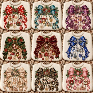 May include: A collection of nine white sweatshirts, each featuring a large decorative bow at the neckline and various hanging Christmas ornaments, including Santa Claus, gingerbread figures, wrapped gifts, and trees in diverse colour palettes.