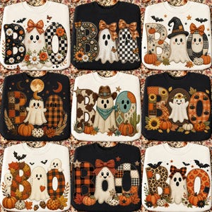 May include: A collection of nine crewneck sweatshirts featuring various ghost-themed designs with the word BOO. Each sweatshirt displays unique patterns including plaid, floral, leopard print, and cow print, alongside seasonal motifs like pumpkins, bats, and bows.