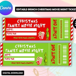 Pode incluir: Dois bilhetes para a noite de cinema de Natal com fundos vermelhos e verdes. Os bilhetes apresentam o texto "CHRISTMAS FAMILY MOVIE NIGHT", "ADMIT ONE" e "WEAR YOUR XMAS COMFIES!". O Grinch também está presente nos bilhetes.