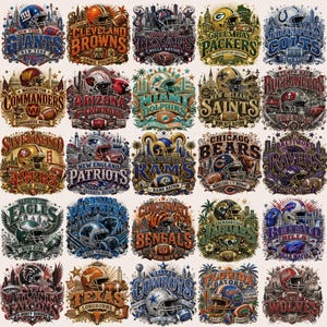 Puede incluir: Una colección de veinticinco ilustraciones gráficas distintas que presentan varios logotipos de equipos de fútbol americano, cascos e imágenes temáticas de ciudades. Cada emblema incorpora nombres de equipos y elementos decorativos.