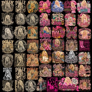 May include: A digital collage featuring numerous graphic designs of Dolly Parton, showcasing various illustrations, portraits, and typography. The collection includes colourful and monochromatic artwork, incorporating elements like guitars, butterflies, flowers, and cowboy boots.
