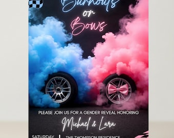 Ausbrenner oder Bögen Räder Geschlecht offenbaren Einladung, er oder sie, Junge oder Mädchen, Rauch Geschlecht offenbaren, Ausbrenner oder Bögen laden ein, bearbeitbare Leinwand