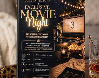 Serata cinema con popcorn, invito per compleanno per adulti, invito per festa a tema cinema, invito per serata cinema in giardino, invito per pigiama party