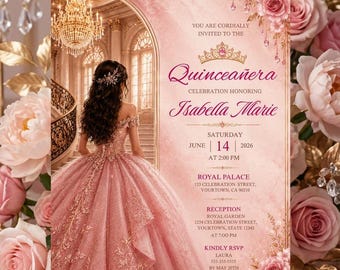 Editable Quinceañera Party Invitation, Blush Pink Roses Gold, Mis Quince Anos (Digital Download)
