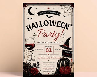 Invito spettrale di Halloween, Halloween Vino rosso Teschio Ragno Pipistrello Ali di Jack o' Lanterna Modello Canva modificabile Download digitale