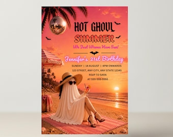 Invito di compleanno estivo per ragazze, tema Halloween, con ragazze sexy e spettrali, con costume da bagno al neon, rosa e arancione, divertente e spettrale, modello Canva.