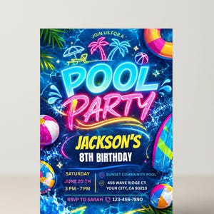 Puede incluir: Una vibrante invitación a una fiesta en la piscina con un fondo azul y texto de neón. La invitación dice "Pool Party" en letras grandes, con "8th Birthday de Jackson" debajo. Incluye detalles del evento: fecha, hora, lugar e información de RSVP.