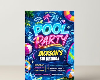 Invito di compleanno per festa in piscina modificabile, invito al nuoto con luce al neon per ragazzi, modello di compleanno in piscina blu e verde, download digitale, invito per ragazzi