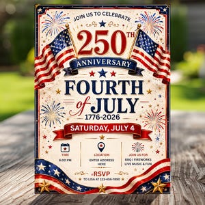Peut inclure: Une invitation de style vintage pour une c&eacute;l&eacute;bration du 4 juillet. Le design pr&eacute;sente des drapeaux am&eacute;ricains, des feux d'artifice et des couleurs patriotiques. Le texte comprend "250e anniversaire", "Fourth of July" et les d&eacute;tails de l'&eacute;v&eacute;nement.