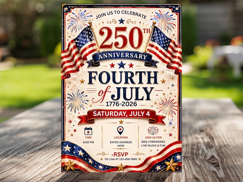 Peut inclure: Une invitation de style vintage pour une c&eacute;l&eacute;bration du 4 juillet. Le design pr&eacute;sente des drapeaux am&eacute;ricains, des feux d'artifice et des couleurs patriotiques. Le texte comprend "250e anniversaire", "Fourth of July" et les d&eacute;tails de l'&eacute;v&eacute;nement.