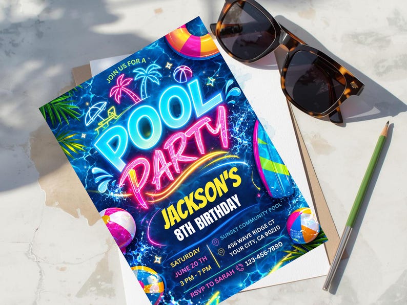 A neon blue and pink pool party invitation with glow-in-the-dark text, palm trees, and pool floats, lying on a white surface next to sunglasses and a pencil.