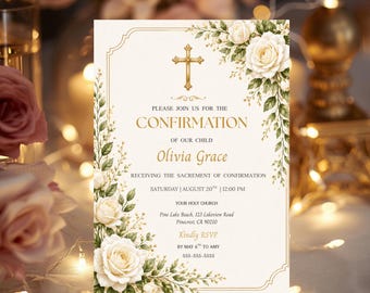 Holy Confirmation Invitation, Floral Ivory Gold Confirmation Invite, Confirmation Editable Canva Template