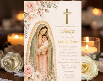 Virgen de Guadalupe Invitación Bautizo Niña, Pink Beige Roses Spanish Baptism Invitation Editable Template