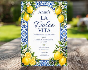 Amalfi Coast Birthday Invitation, Blue White Tile Party Invitation, Italian Lemon Birthday Invite, Editable Canva Template