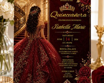 Editable Quinceañera Invitation, Mis Quince Invitation, Quinceanera Invite, Red Roses invitation, Red Gold Black, Mis Quince Anos, Canva