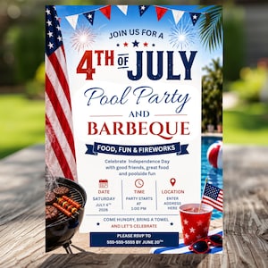 Könnte beinhalten: Eine patriotische Einladung zu einer Poolparty und einem Barbecue am 4. Juli. Das Design zeigt die amerikanische Flagge, Feuerwerk und eine Poolszene. Enthält Details zu Datum, Uhrzeit und Ort. Der Text "Food, Fun & Fireworks" ist ebenfalls enthalten.