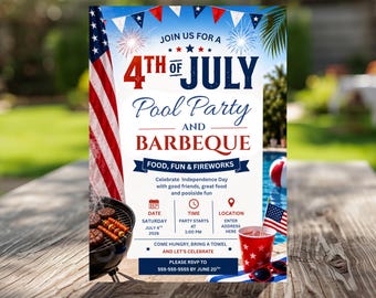Invitation barbecue à la piscine du 4 juillet, invitation à un feu d'artifice barbecue pour le jour de l'indépendance, fête à la piscine américaine du 4 juillet, toile modifiable
