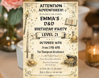 Invitación de cumpleaños de D&D (Dragones y Mazmorras), invitación para fiesta de D&D TTRPG, plantilla editable con temática de fantasía, invitación para noche de juegos de rol.
