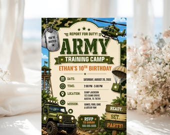 Military Party Invitation, Soldier Birthday Invitation, Army Birthday Invitation, Military Birthday Party Invite, Editable Canva Template