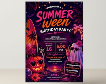 Editable Summerween Beach Pool Party Birthday Invitation Neon Glow Swim Invite Pink Orange Funny Spooky Summer Canva Template
