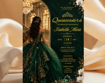 Plantilla de invitación de quinceañera verde esmeralda y dorada, elegante invitación Mis Quince Invite Floral Princess Sweet 15, invitación editable de Canva, descarga digital