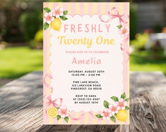 Freshly Age Birthday Invitation Pink Daisy Theme 21st Birthday Party Invite Lemon Summer Girl Pink Stripes Any Age Printable Template
