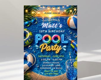 Invitación de cumpleaños con temática de fiesta en la piscina, estilo neón, para adolescentes. Plantilla digital de Canva para cumpleaños de adolescentes con temática de atardecer azul y verde.