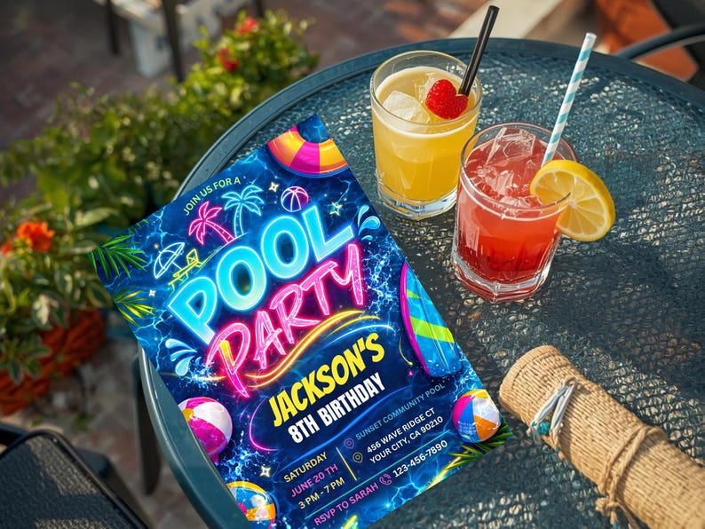 A neon blue and pink pool party invitation with glow-in-the-dark text, palm trees, and pool floats, lying on a black outdoor table next to two cocktails.