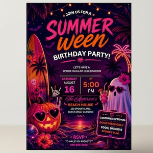 May include: A vibrant invitation for a "Summerween" birthday party, featuring a pumpkin with heart-shaped sunglasses, a surfboard, and a ghost wearing heart-shaped sunglasses. The invitation includes the date, time, and location.