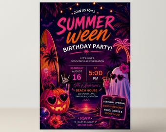 Invito di compleanno modificabile per festa di Halloween in spiaggia o in piscina, con tema neon fluorescente rosa e arancione, divertente e spettrale, per l'estate, modello Canva.