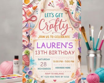 Invitación editable para fiesta de cumpleaños con temática de manualidades, invitación imprimible para fiesta de arte con temática de manualidades y pintura para niñas (plantilla de Canva).