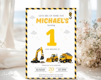 Construction 1st Birthday Invitation, Dump Truck Theme Printable Digital Template