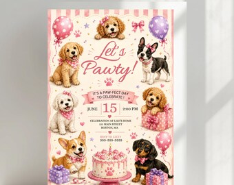 Compleanno di una cagnolina rosa, festa a tema cani, compleanno di un cucciolo, compleanno di un cagnolino, modello Canva modificabile