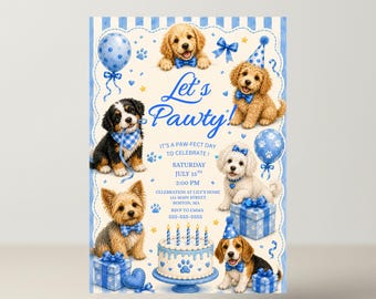 Invito di compleanno "Let's Pawty" con cane Blue Boy - Modello Canva modificabile