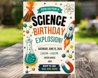 Invito di compleanno a tema scientifico, festa di compleanno per bambini a tema scienziati pazzi, invito stampabile per feste di compleanno per bambini