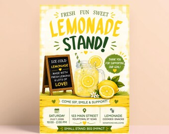 Flyer-uitnodiging limonadekraam | Limonadefeestje | 5 x 7 bewerkbare canvassjabloon | Direct downloaden