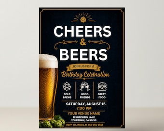 Invito per festa di compleanno a sorpresa con birra, invito di compleanno "Cin cin e birra" per il 30°, 40° o 50° compleanno, modello Canva modificabile.